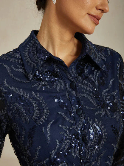 Stretch Taffeta Embroidered Cocktail Dress with Sequin Bodice