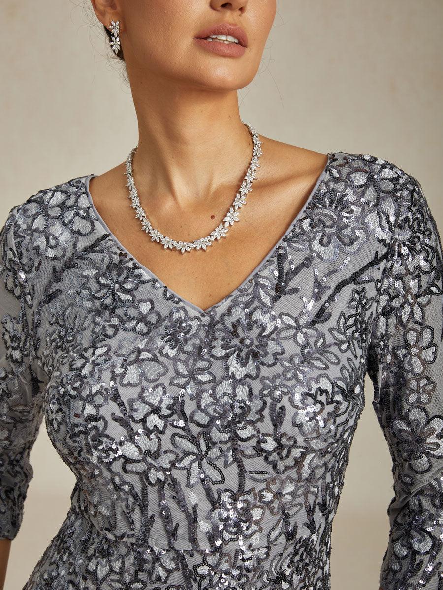V-Neck Sequin Embroidered Lace Maxi Dress