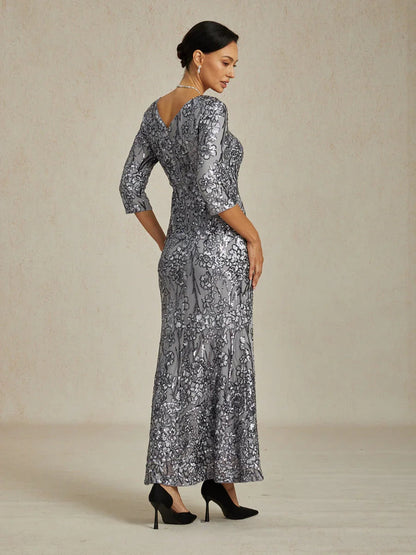 V-Neck Sequin Embroidered Lace Maxi Dress