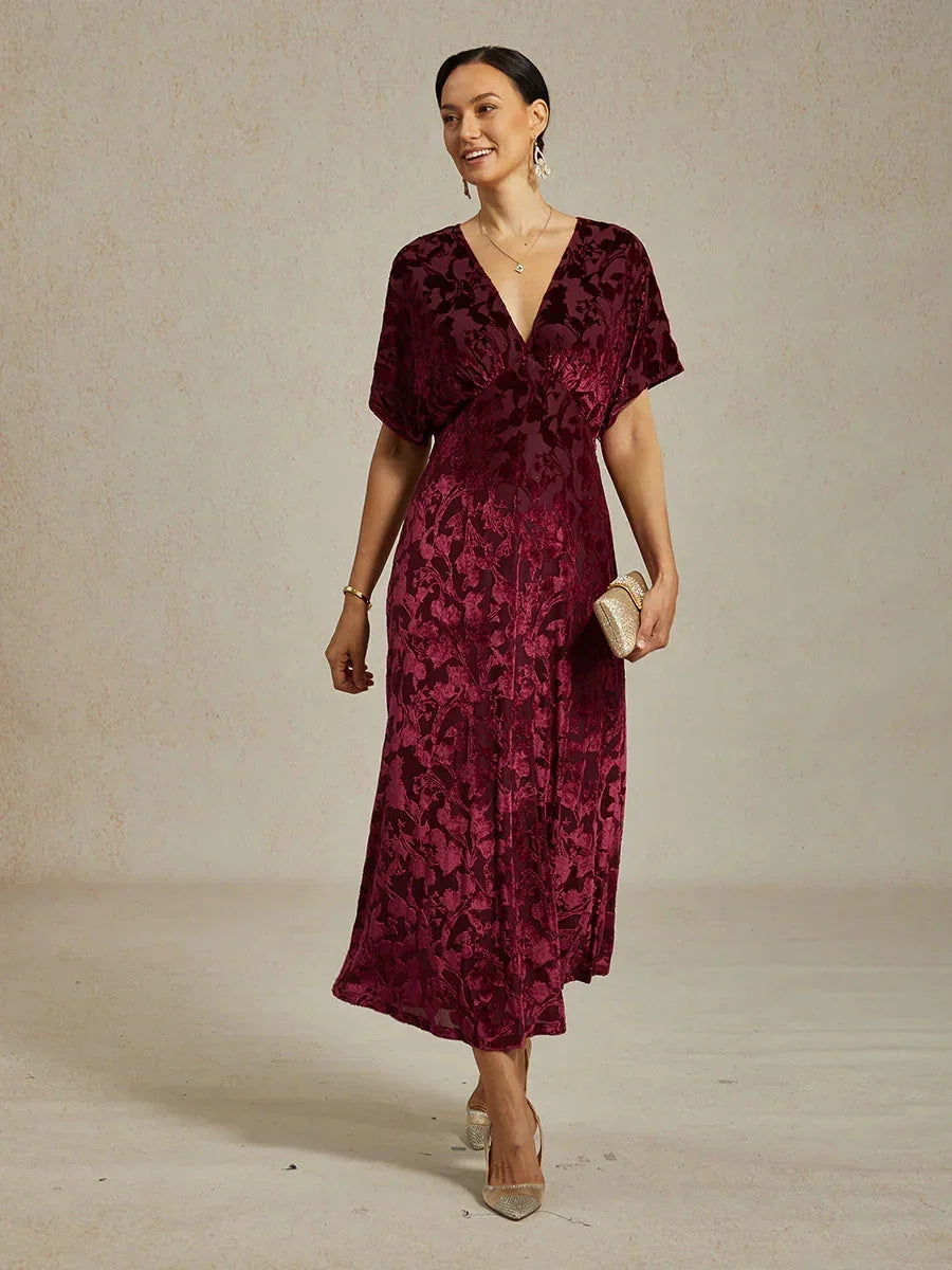 Maxikleid aus Samt mit V-Ausschnitt und Blumenmuster