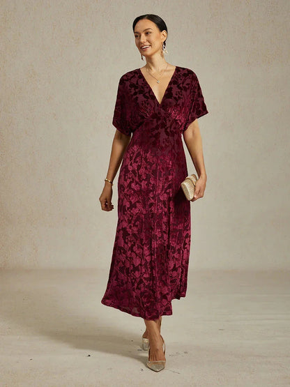 Maxikleid aus Samt mit V-Ausschnitt und Blumenmuster
