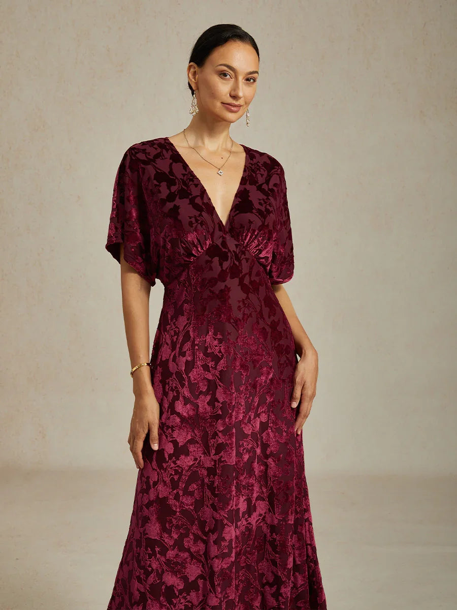 V-Neck Velvet Floral Maxi Dress