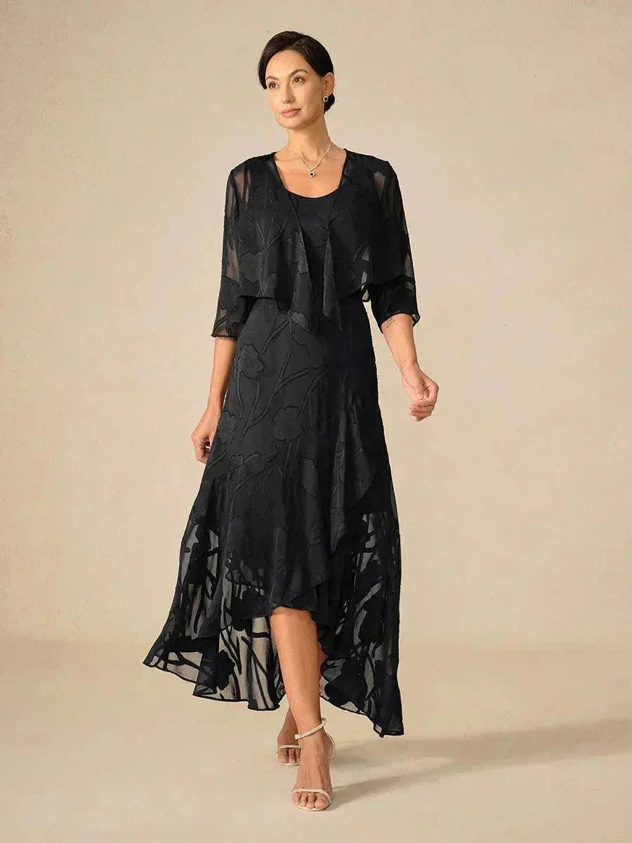 Abendkleid aus Chiffon mit Blumenmuster und asymmetrischem Saum