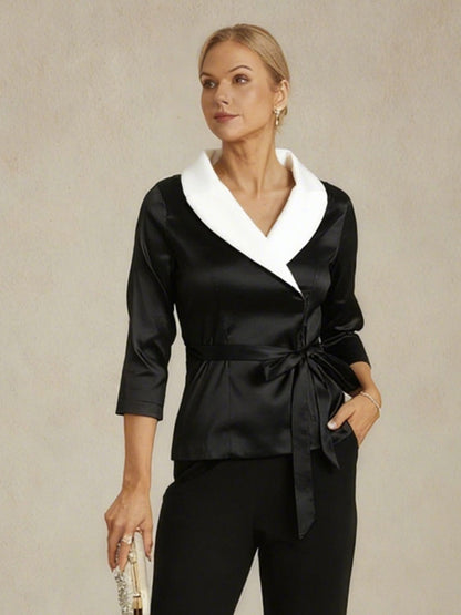 3/4 Sleeve Stretch Taffeta Blouse with Tie Waist Detail