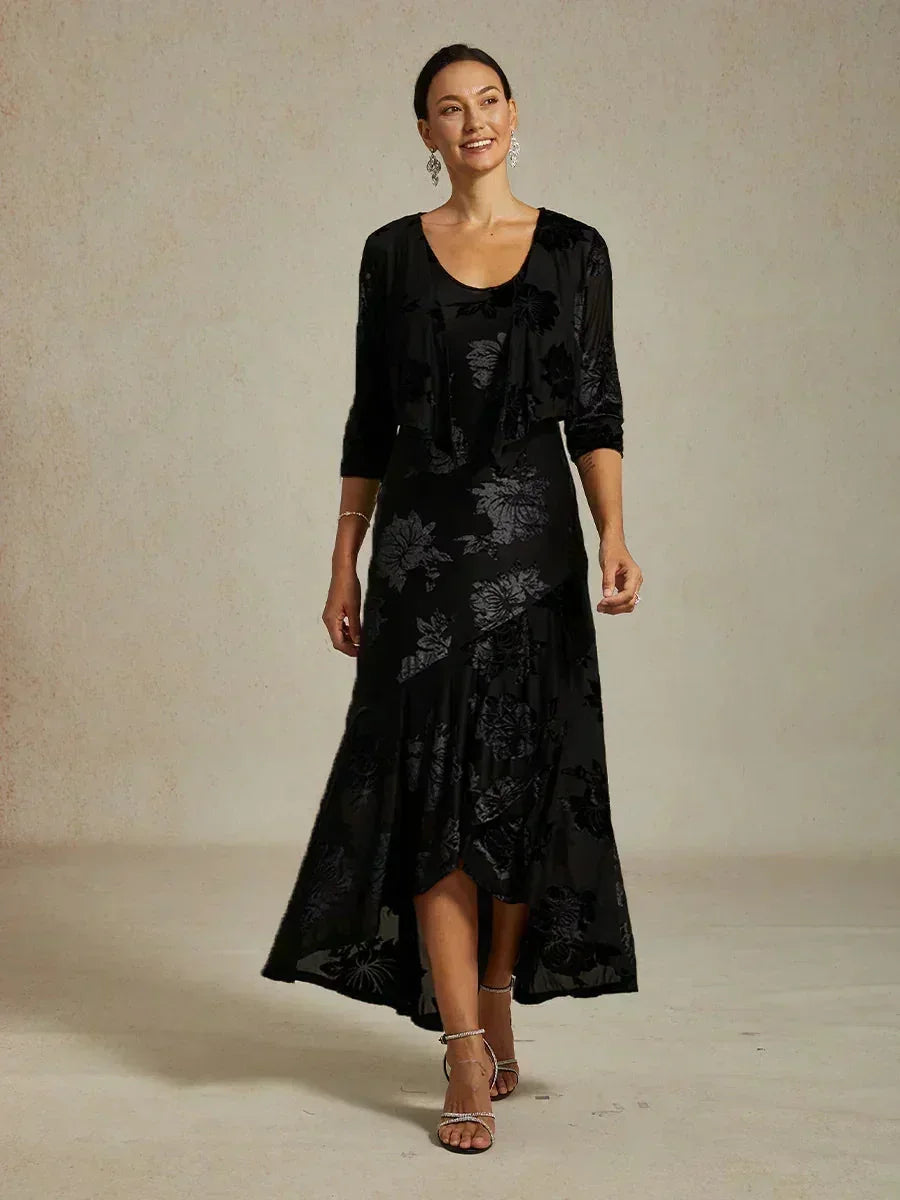 Velvet Floral Evening Gown with Asymmetrical Hem