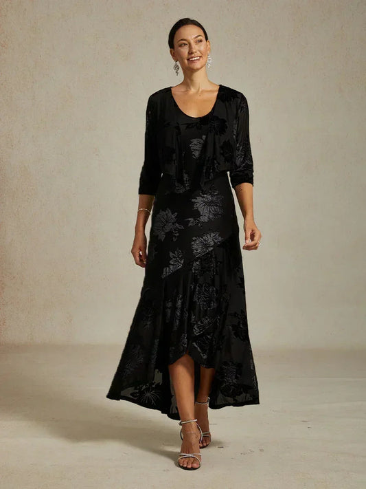 Velvet Floral Evening Gown with Asymmetrical Hem