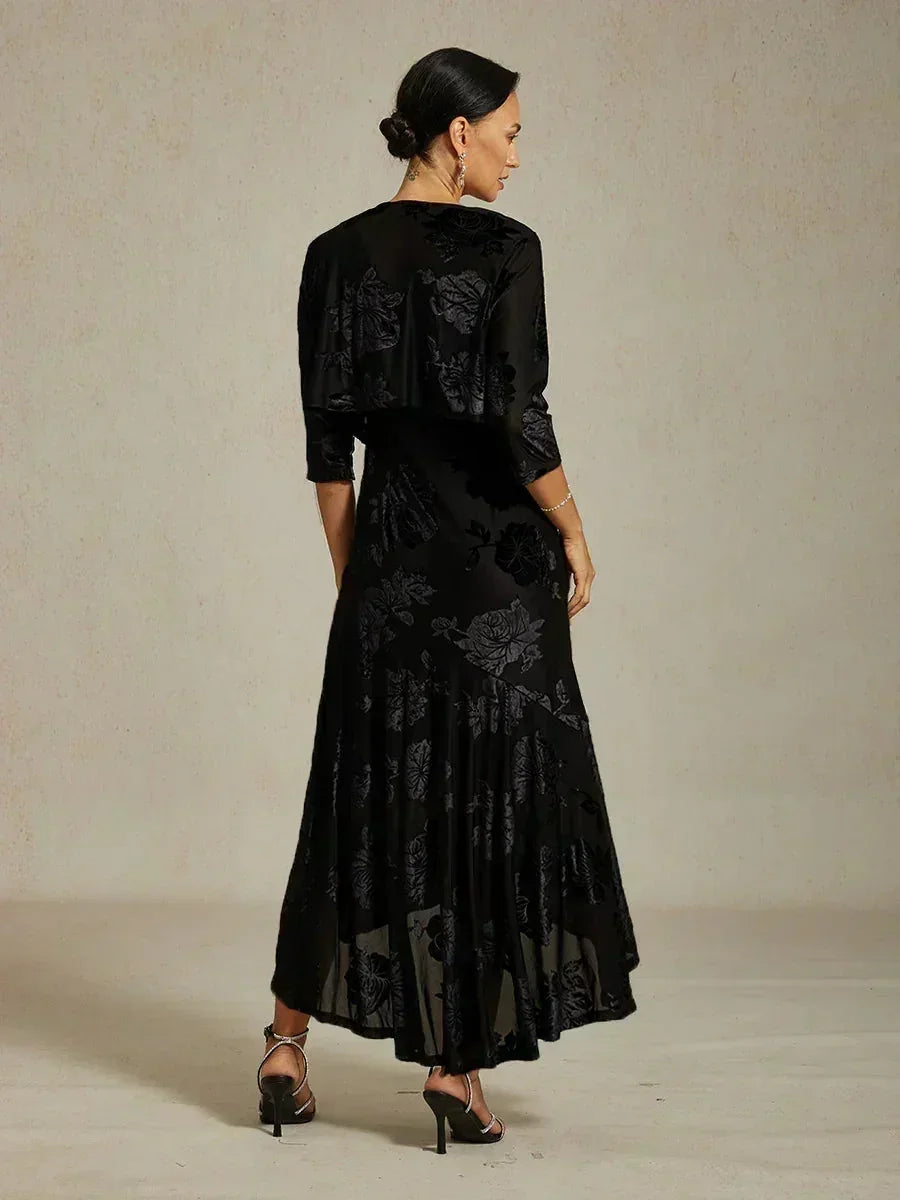 Velvet Floral Evening Gown with Asymmetrical Hem