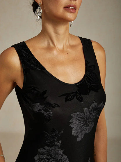 Navy Floral Chiffon Evening Gown with Asymmetrical Hem