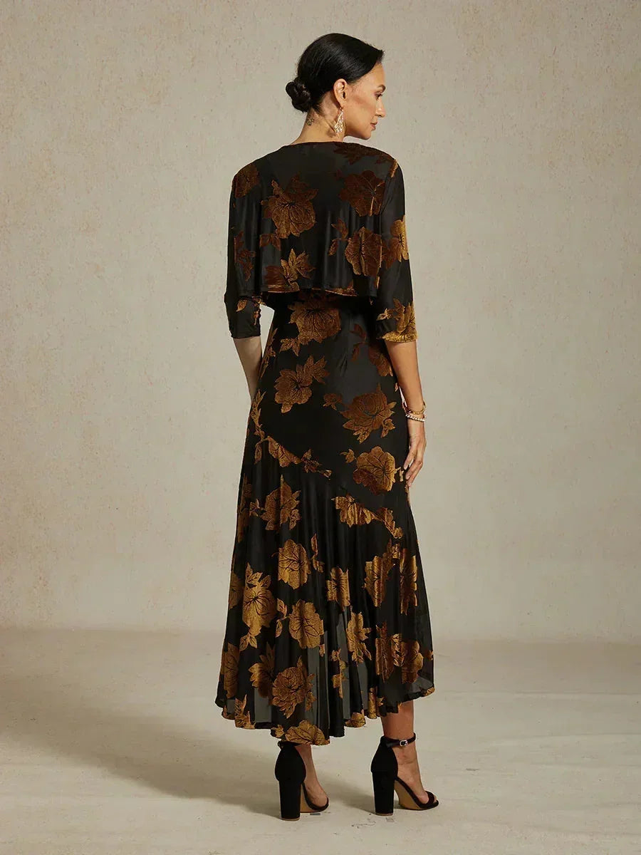 Samt-Abendkleid mit Blumenmuster und asymmetrischem Saum