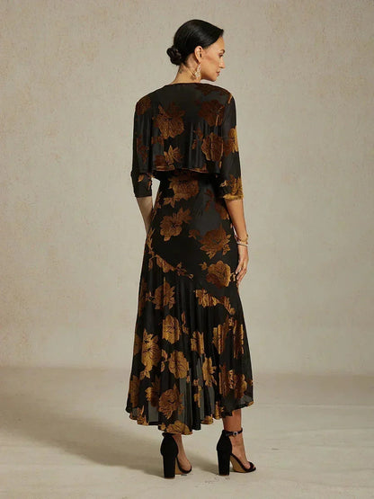 Samt-Abendkleid mit Blumenmuster und asymmetrischem Saum