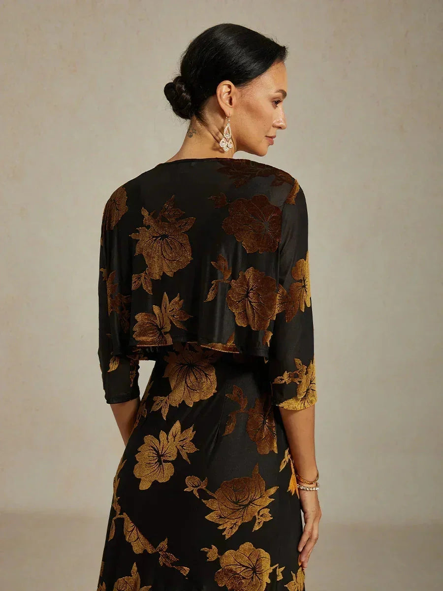 Bolero aus Stretch-Samt mit Blumenmuster und 3/4-Ärmeln