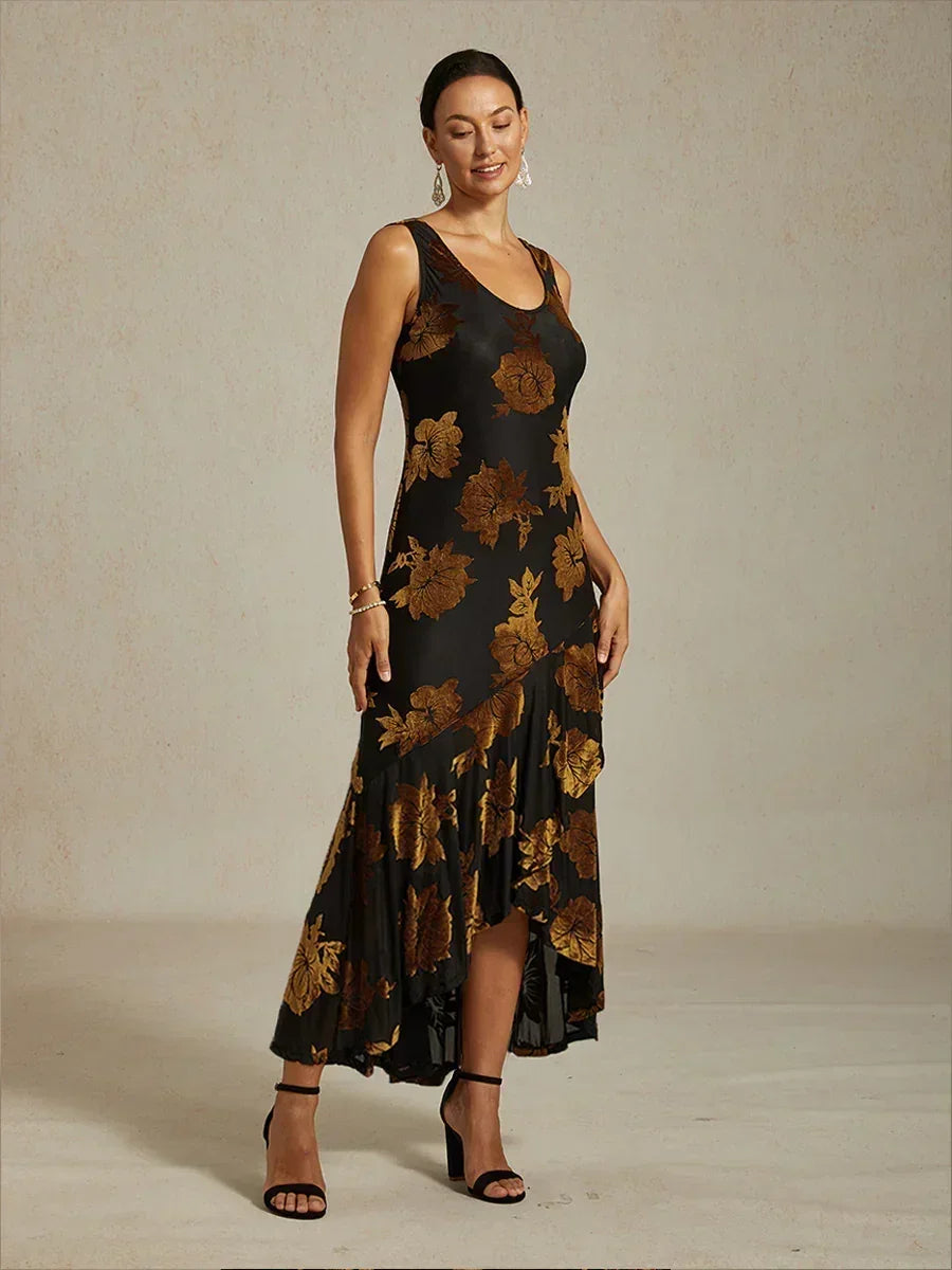 Navy Floral Chiffon Evening Gown with Asymmetrical Hem