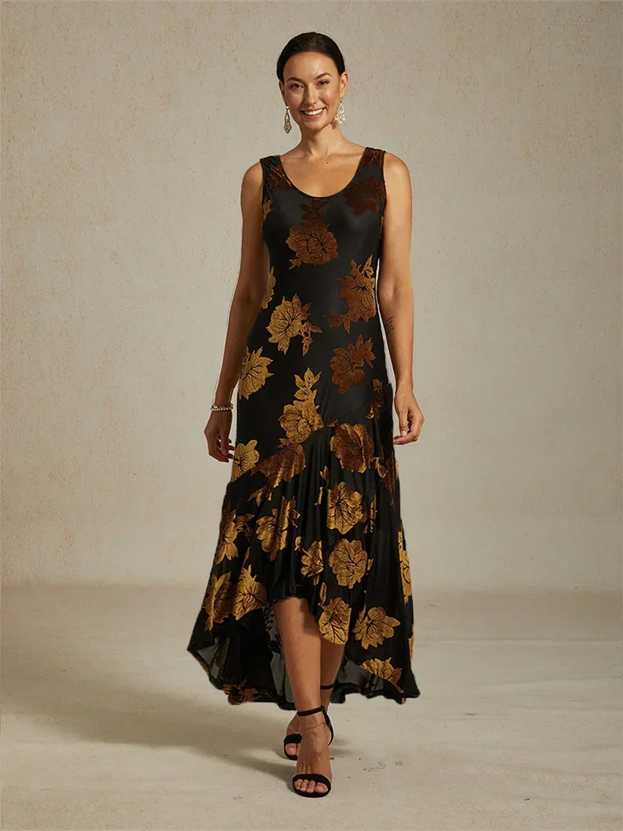 Floral Chiffon Evening Gown with Asymmetrical Hem