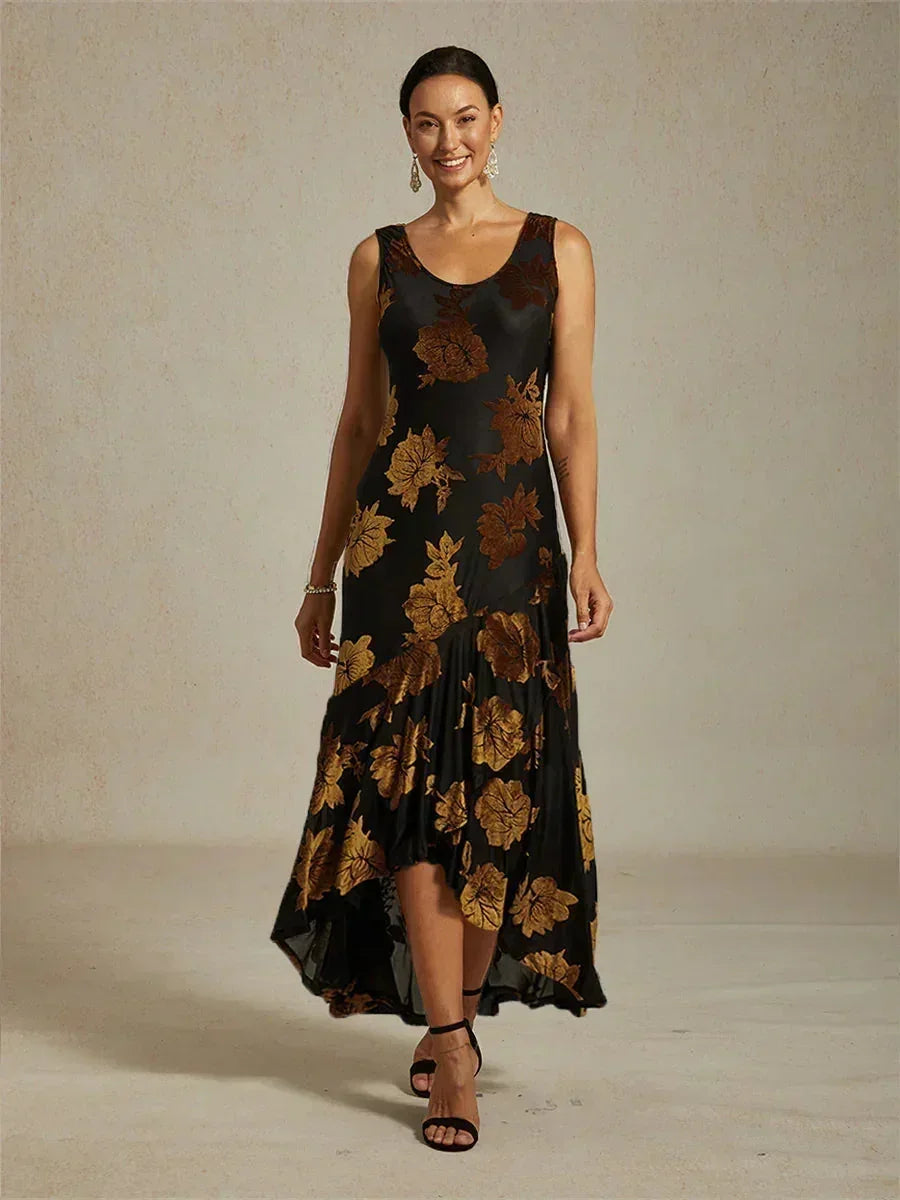Samt-Abendkleid mit Blumenmuster und asymmetrischem Saum