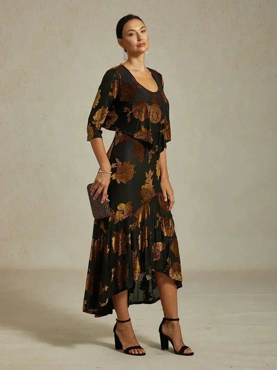 Floral Evening Gown with Asymmetrical Hem