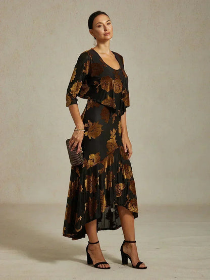 Velvet Floral Evening Gown with Asymmetrical Hem