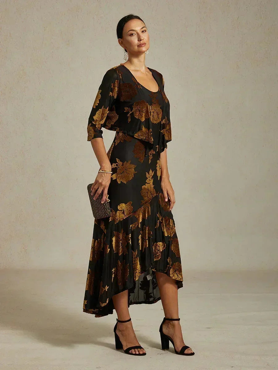 Samt-Abendkleid mit Blumenmuster und asymmetrischem Saum