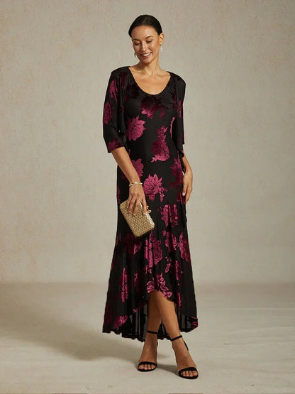 Velvet Floral Evening Gown with Asymmetrical Hem
