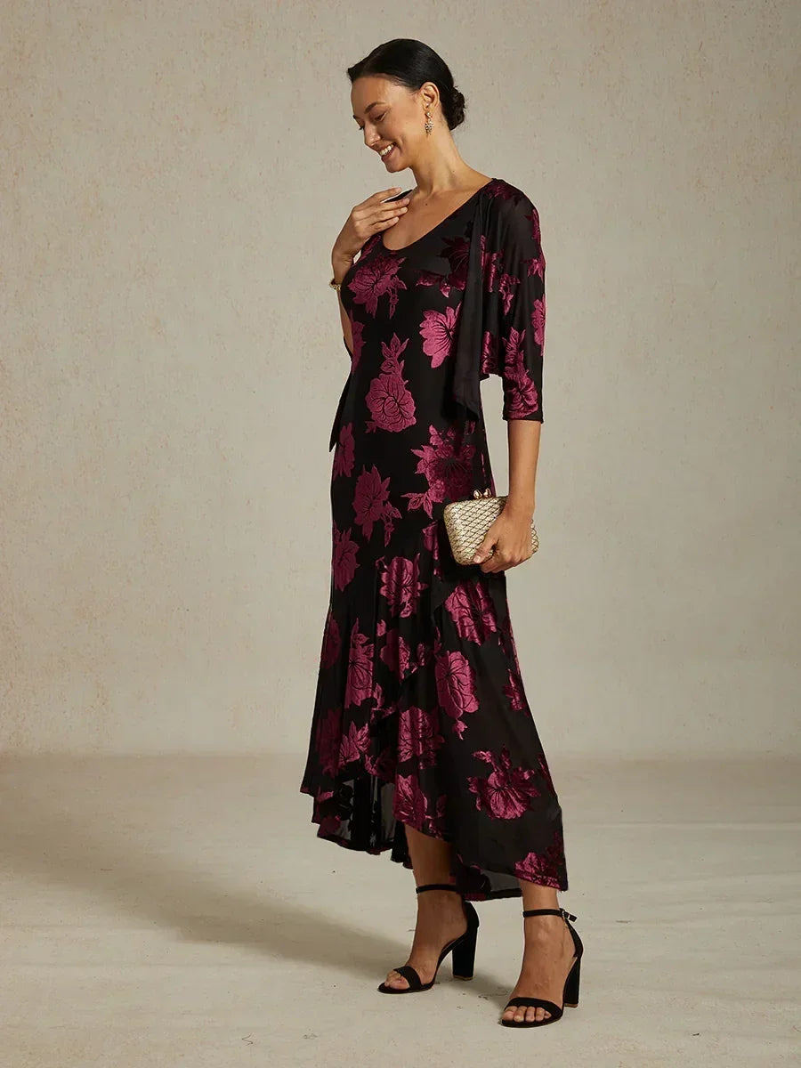 Navy Floral Chiffon Evening Gown with Asymmetrical Hem