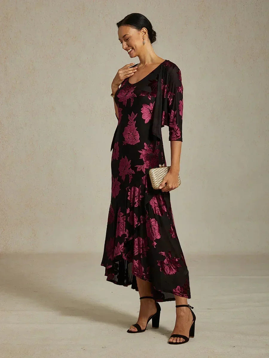 Velvet Floral Evening Gown with Asymmetrical Hem