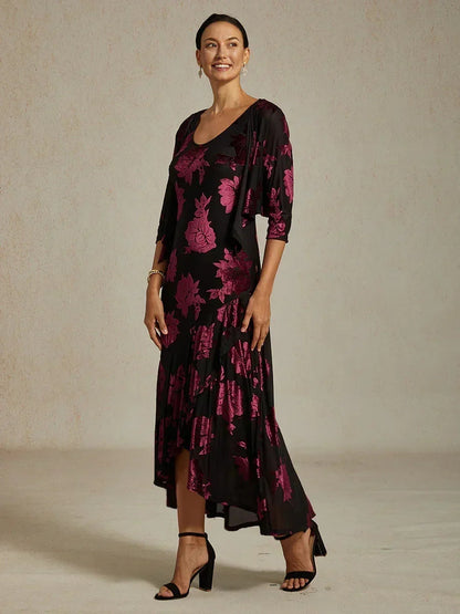 Velvet Floral Evening Gown with Asymmetrical Hem