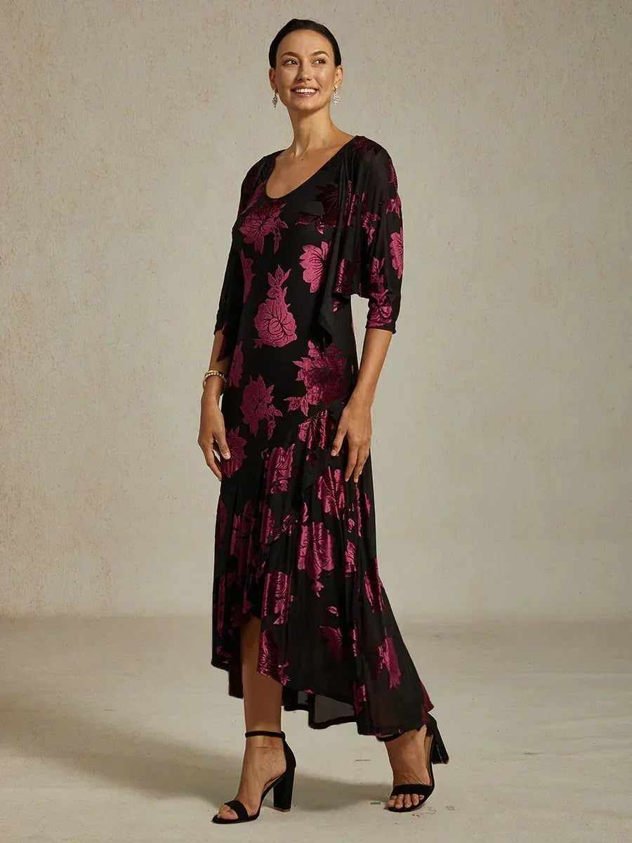 Velvet Floral Evening Gown with Asymmetrical Hem