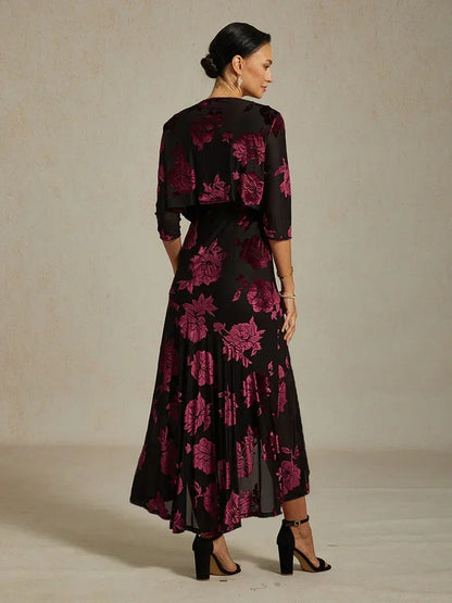 Velvet Floral Evening Gown with Asymmetrical Hem