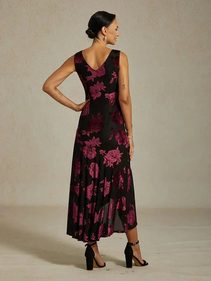 Velvet Floral Evening Gown with Asymmetrical Hem