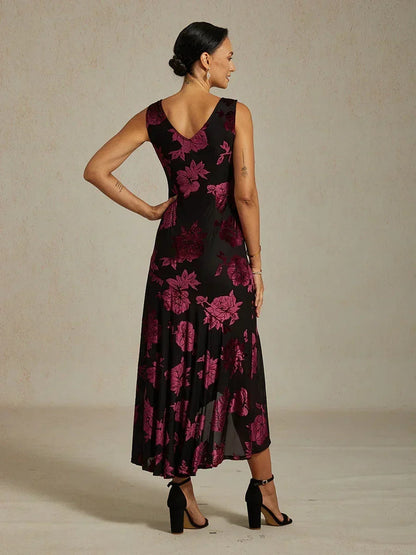 Velvet Floral Evening Gown with Asymmetrical Hem