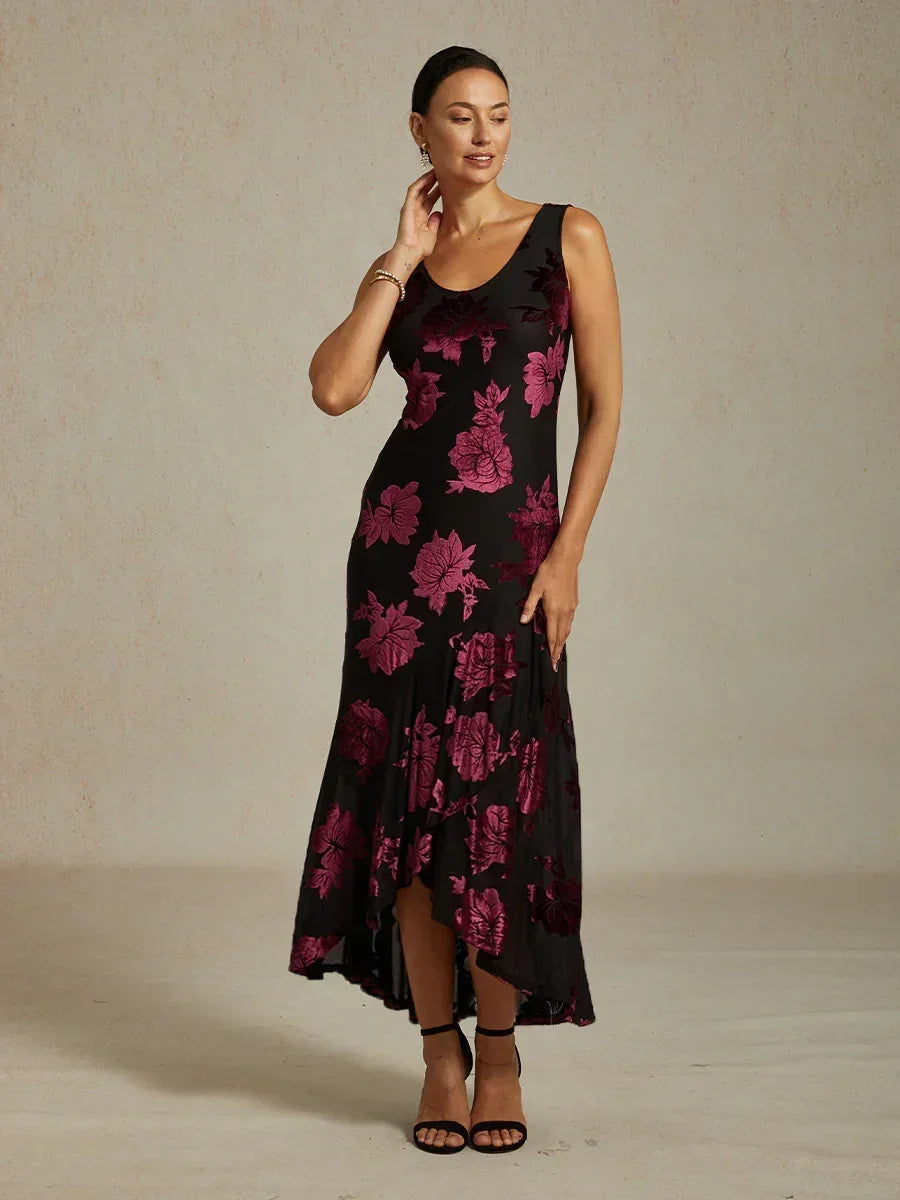 Navy Floral Chiffon Evening Gown with Asymmetrical Hem