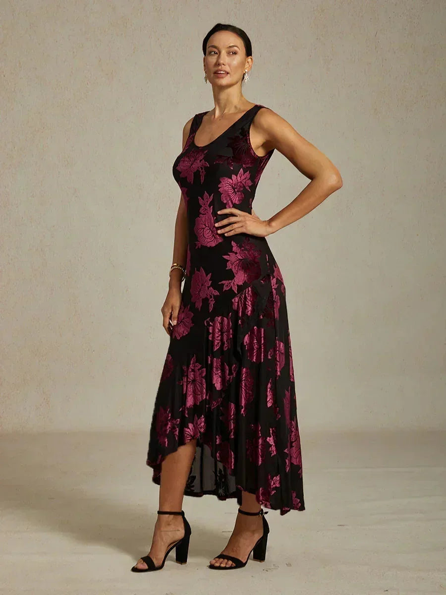 Samt-Abendkleid mit Blumenmuster und asymmetrischem Saum