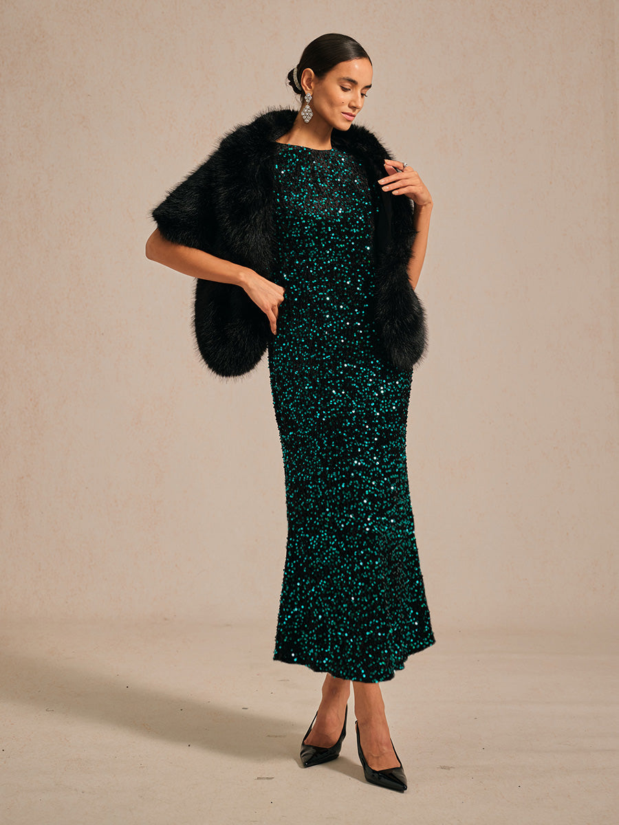 Velvet Sequin Midi Dress with Puff Sleeves