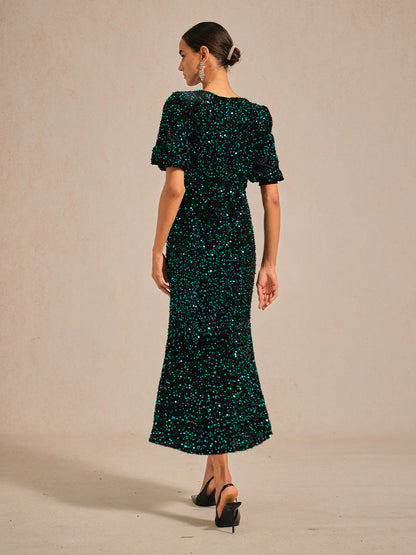 Velvet Sequin Midi Dress with Puff Sleeves