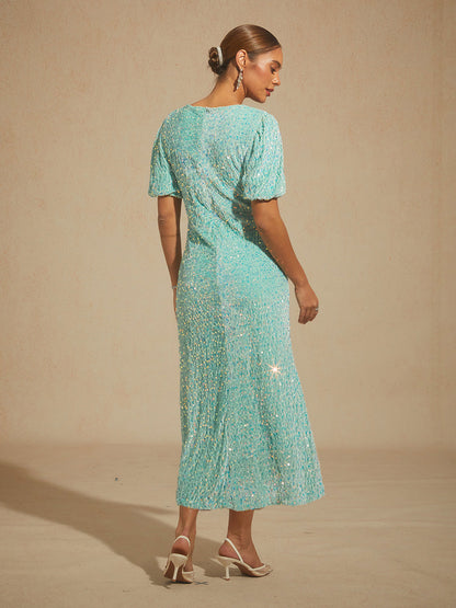 Velvet Sequin Midi Dress with Puff Sleeves