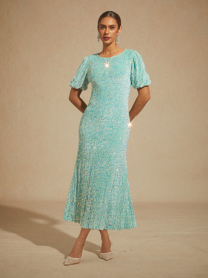 Velvet Sequin Midi Dress with Puff Sleeves