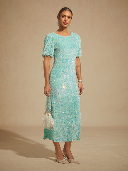 Velvet Sequin Midi Dress with Puff Sleeves