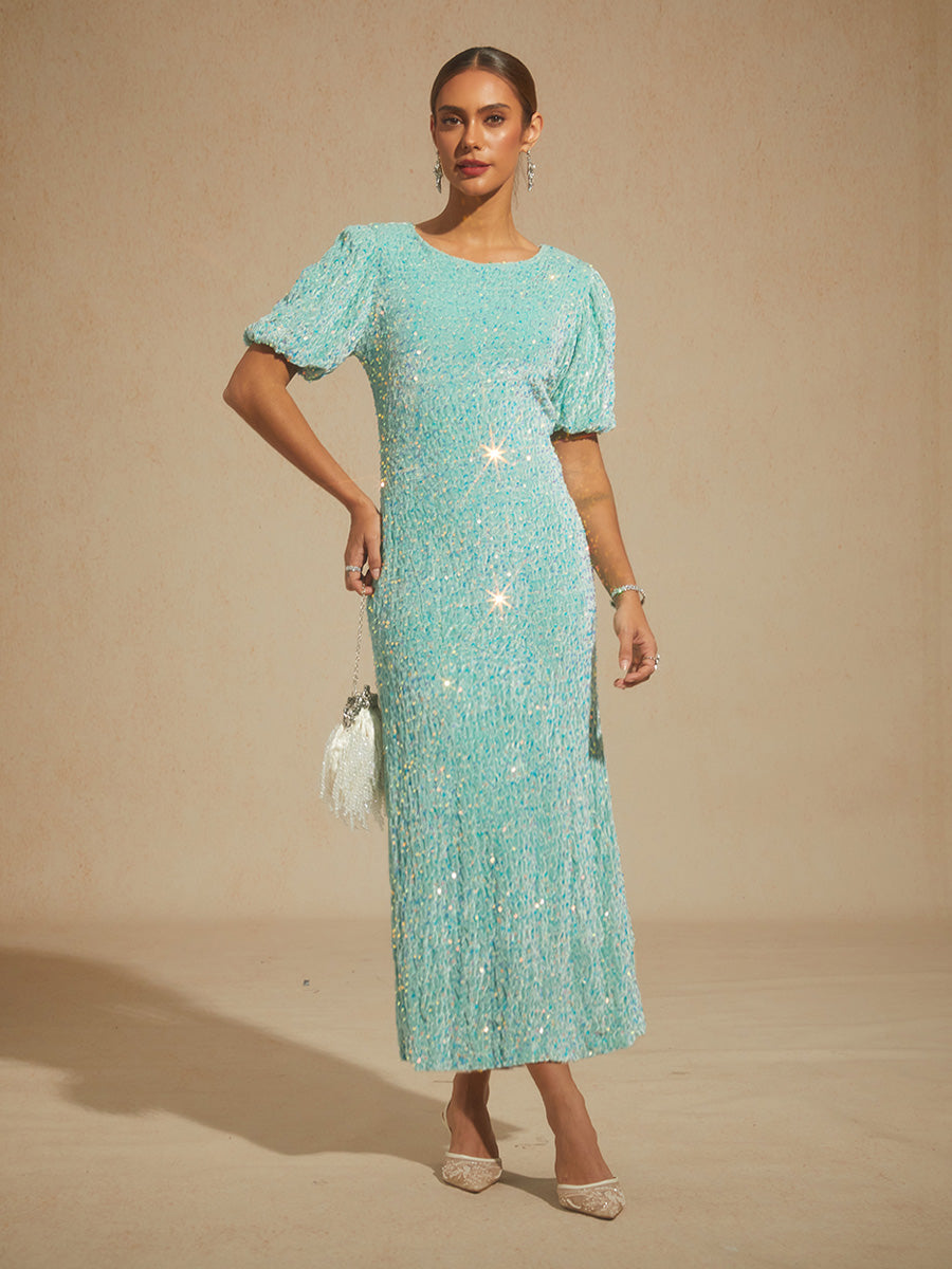 Velvet Sequin Midi Dress with Puff Sleeves