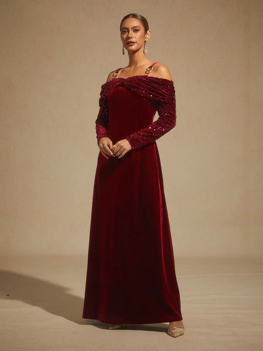 Off-Shoulder Velvet Midi Dress with Metal Ring Strap