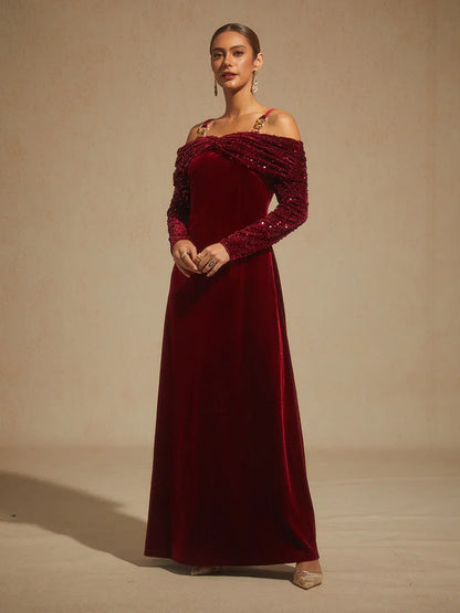 Off-Shoulder Velvet Midi Dress with Metal Ring Strap