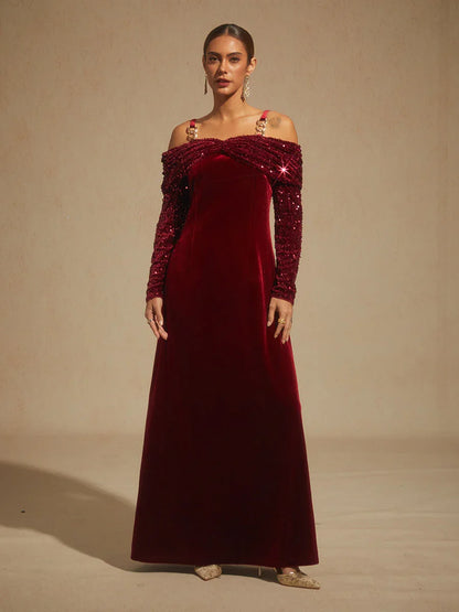 Off-Shoulder Velvet Midi Dress with Metal Ring Strap