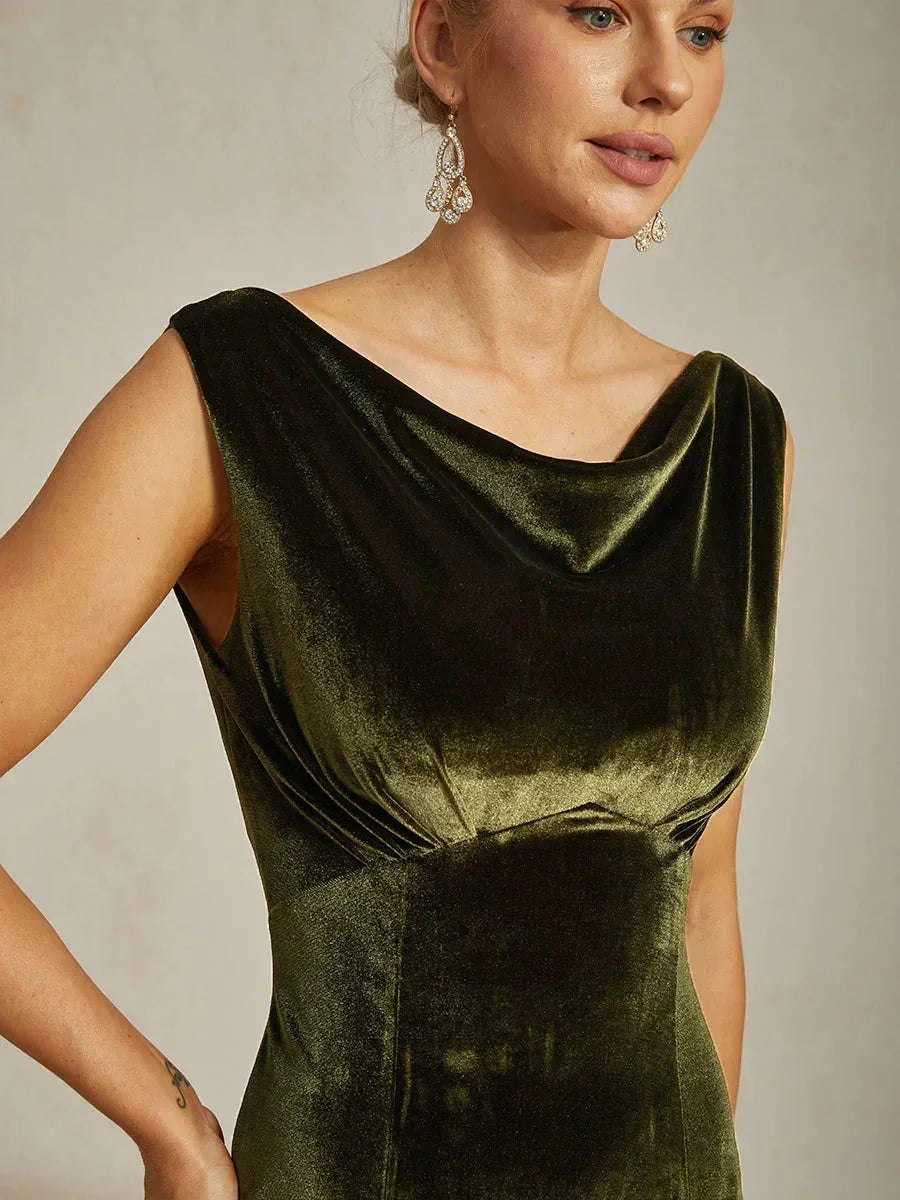 High-Stretch Velvet Sleeveless Midi Dress with Cowl Neck