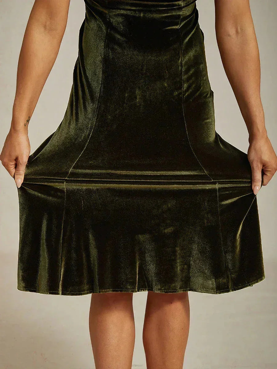 High-Stretch Velvet Sleeveless Midi Dress with Cowl Neck