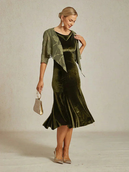 High-Stretch Velvet Sleeveless Midi Dress with Cowl Neck