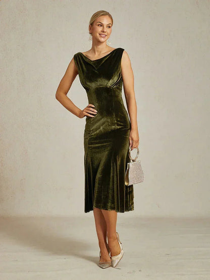 High-Stretch Velvet Sleeveless Midi Dress with Cowl Neck