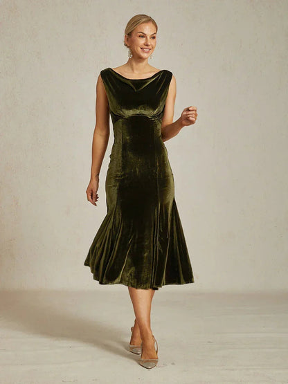 High-Stretch Velvet Sleeveless Midi Dress with Scoop Neck