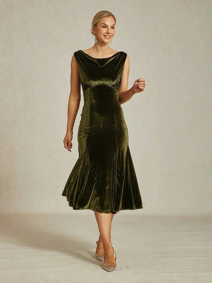 High-Stretch Velvet Sleeveless Midi Dress with Scoop Neck