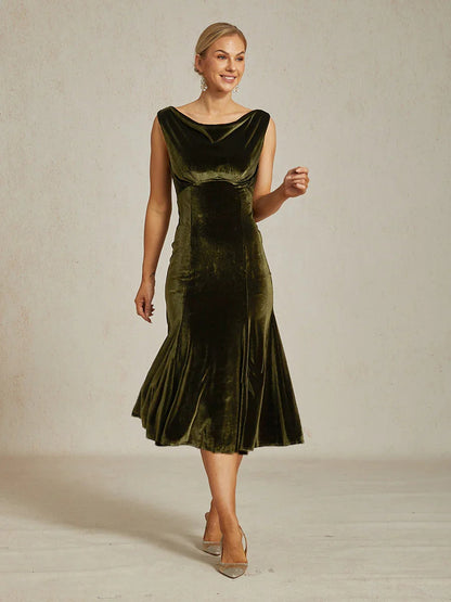 High-Stretch Velvet Sleeveless Midi Dress with Cowl Neck