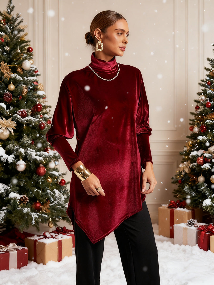 Velvet Tunic Blouse with Turtleneck and Asymmetric Hem