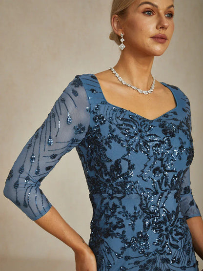 Square Neck 3/4 Sleeve Sequin Embroidered Mermaid Gown