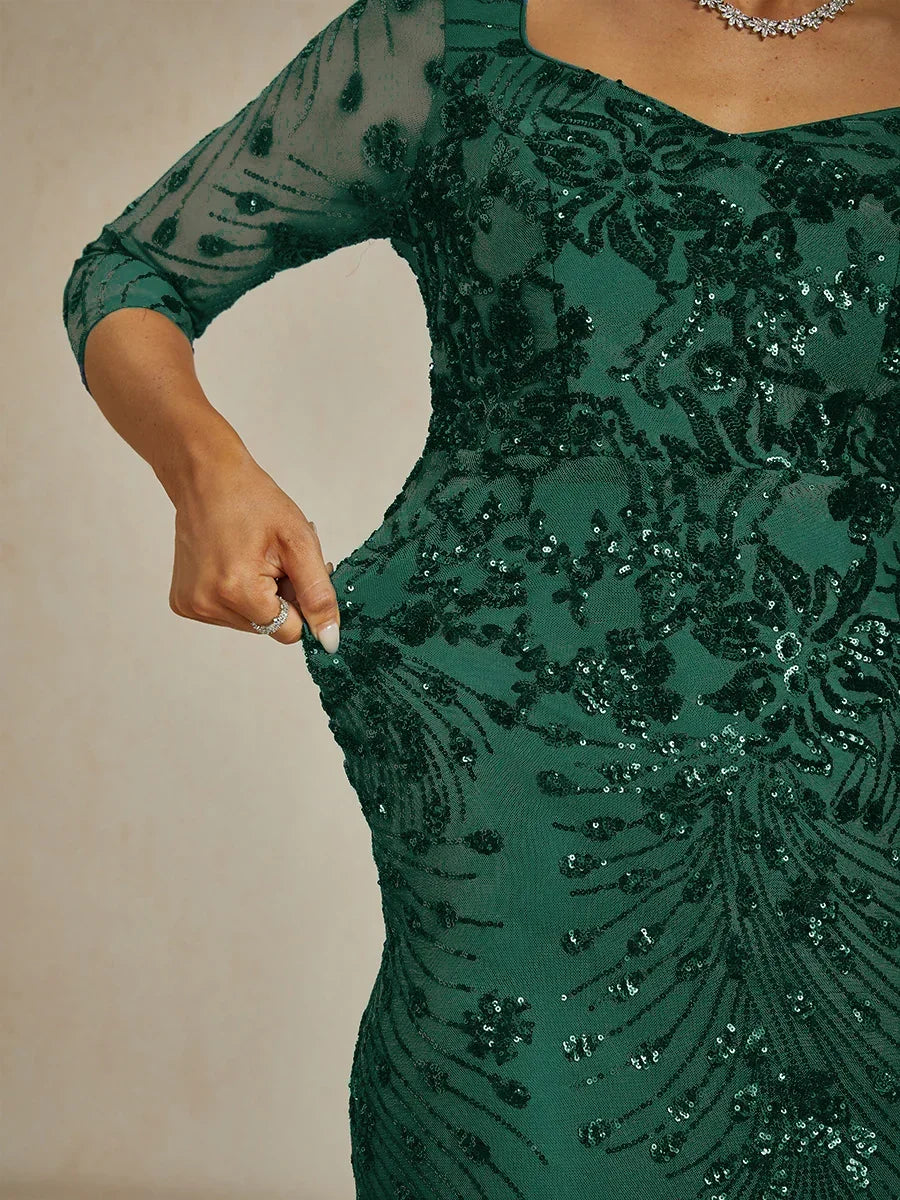 Square Neck 3/4 Sleeve Sequin Embroidered Mermaid Gown